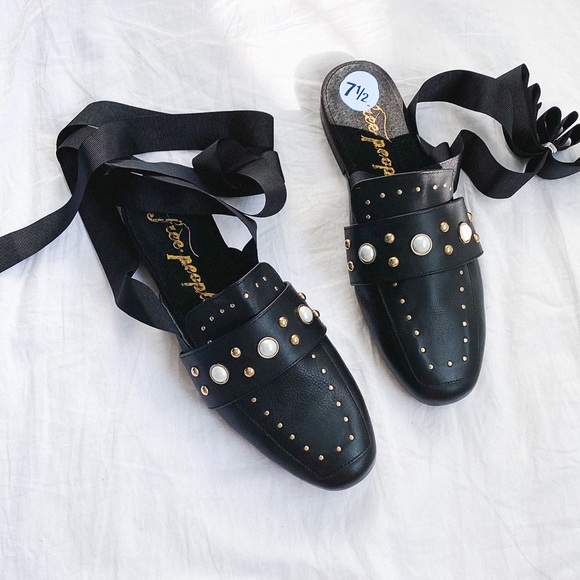 Free People Shoes - Free people pearl black mules with wrap straps